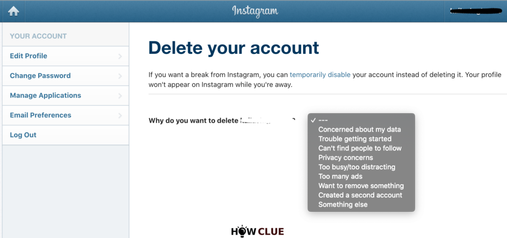 delete instagram page